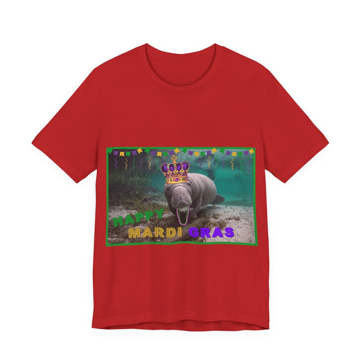 Happy Mardi Gras Manatee Tee, red t-shirt