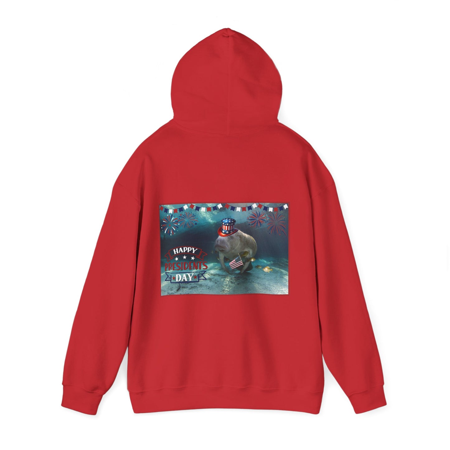 Happy Presidents Day Manatee Hoodie, red hoodie back