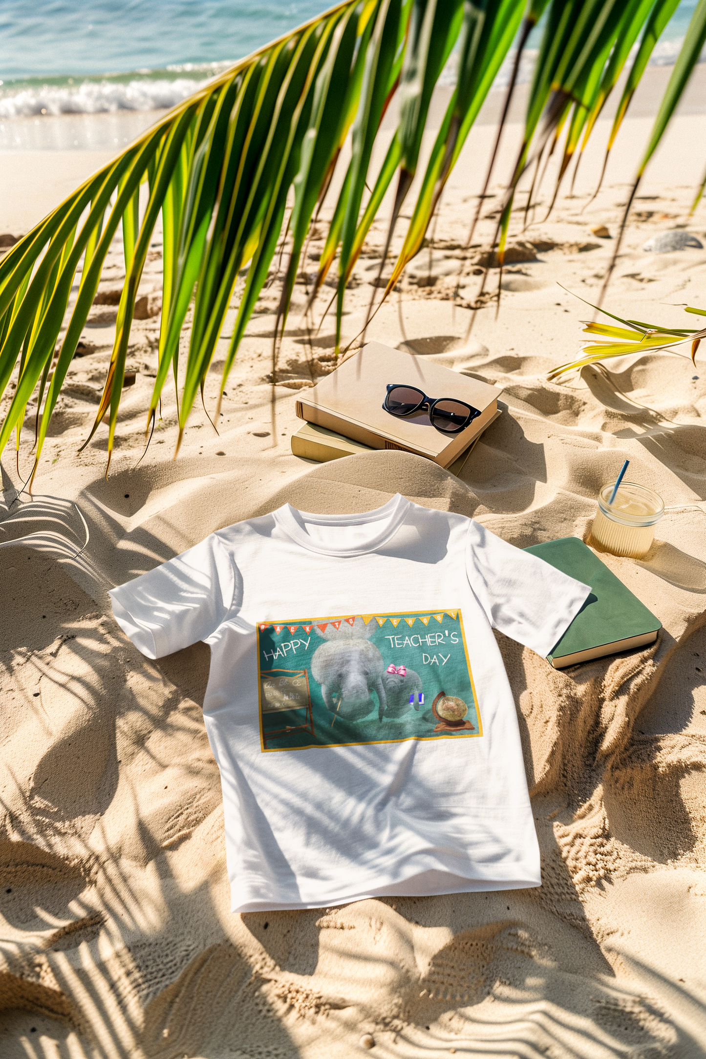 Happy Teacher's Day Manatee Tee, white t-shirt on beach with books