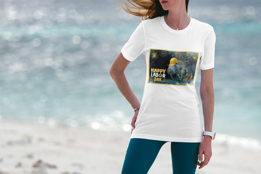 Happy Labor Day Manatee Tee, model wearing white t-shirt on beach