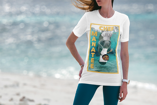 Chef Manatee Tee, model wearing white t-shirt on beach