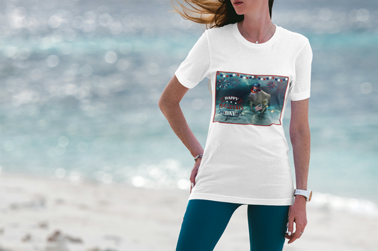 Happy Presidents' Day Manatee Tee, model wearing white t-shirt on beach