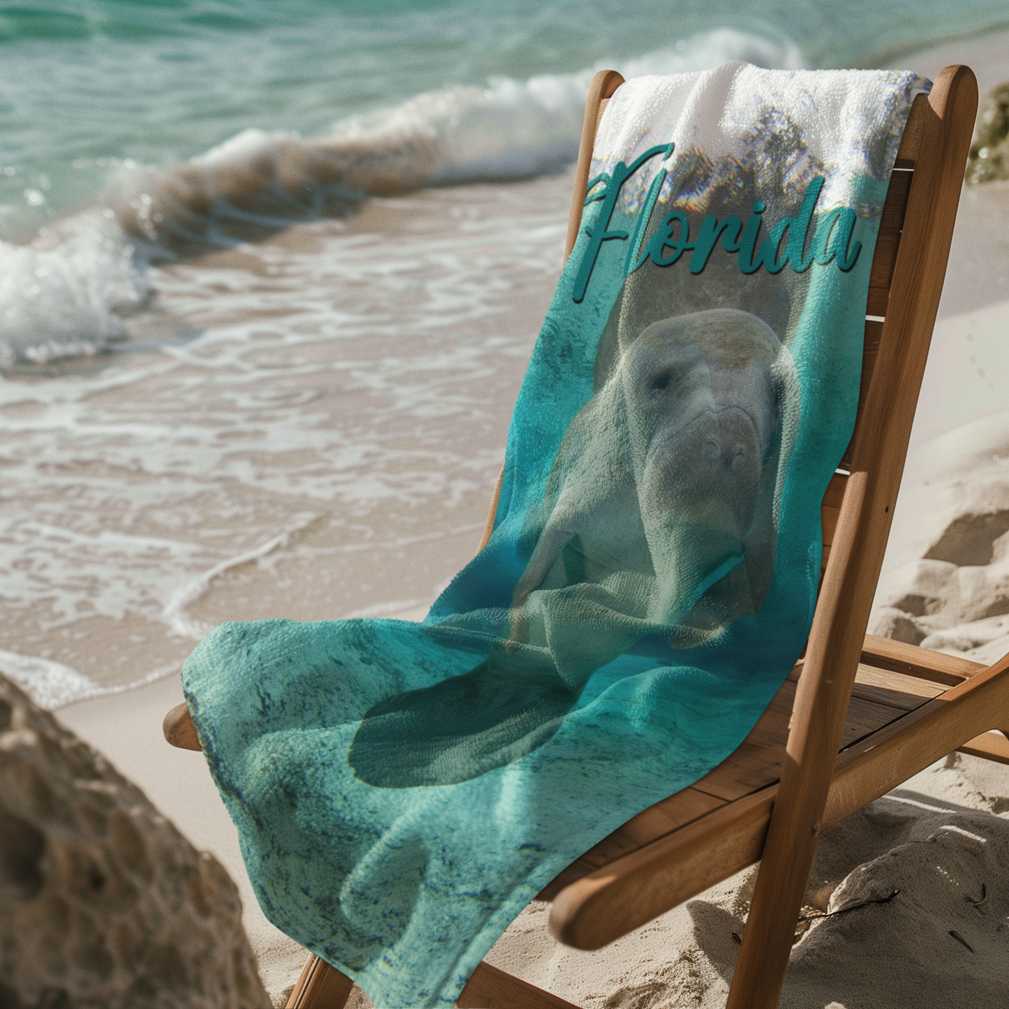 Cute Manatee Beach Towel, manatee beach towel on chair on beach