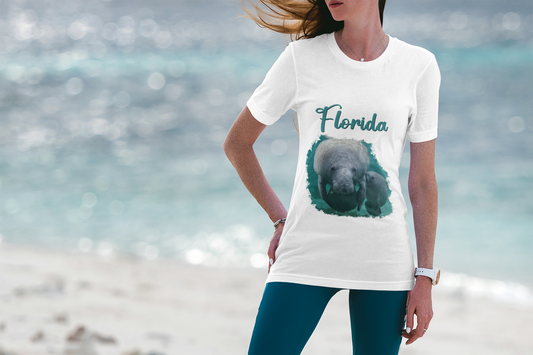 Manatee and Calf feeding Tee, model wearing white t-shirt on the beach