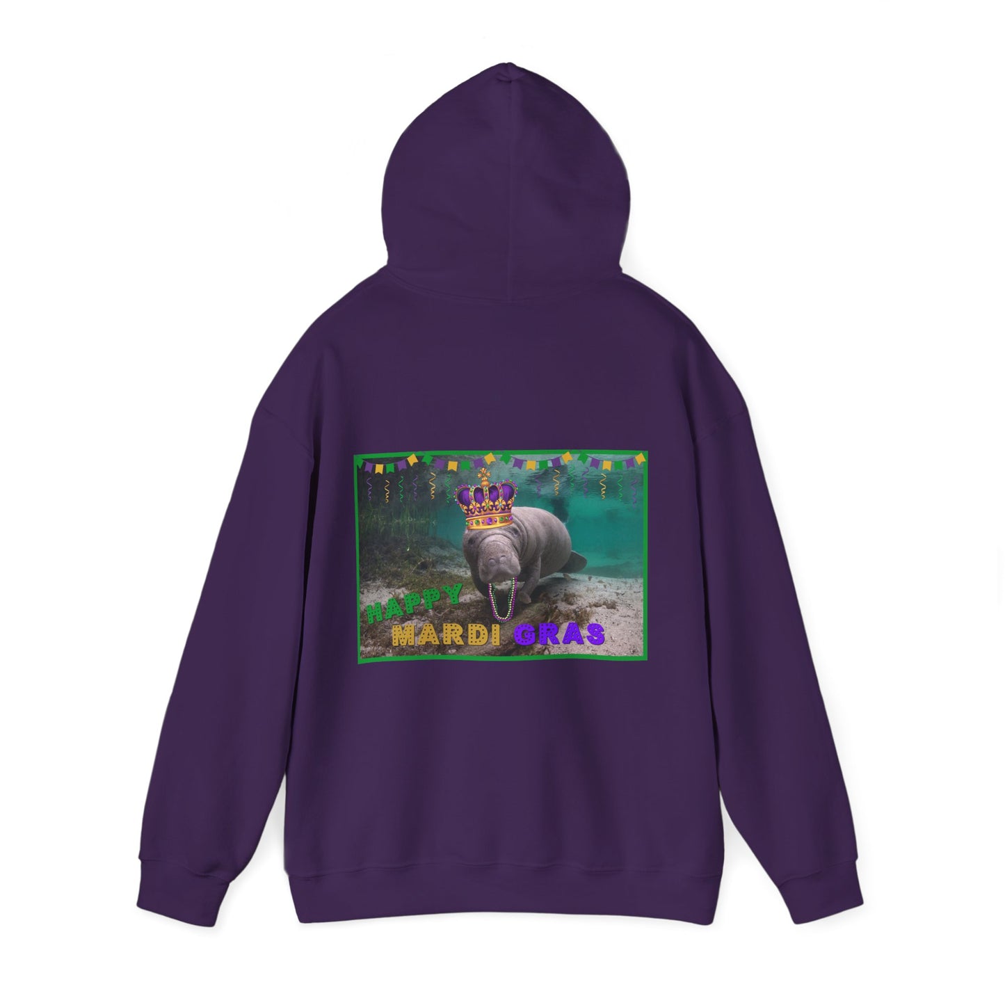 Happy Mardi Gras Manatee Hoodie, purple hoodie back