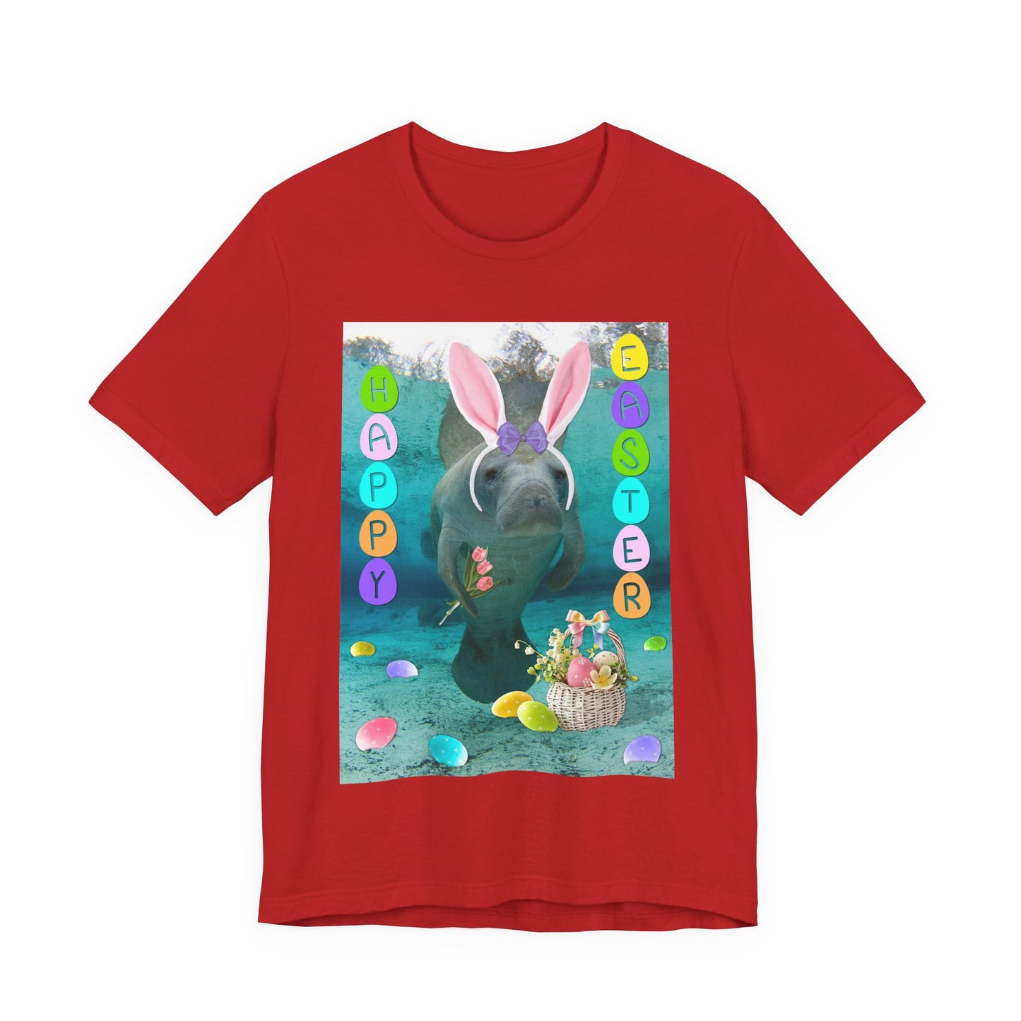 Happy Easter Manatee Tee, red t-shirt