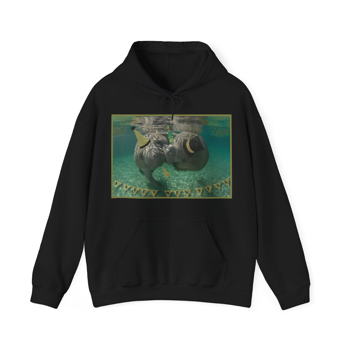 Happy New Years Manatee Hoodie, black hoodie front