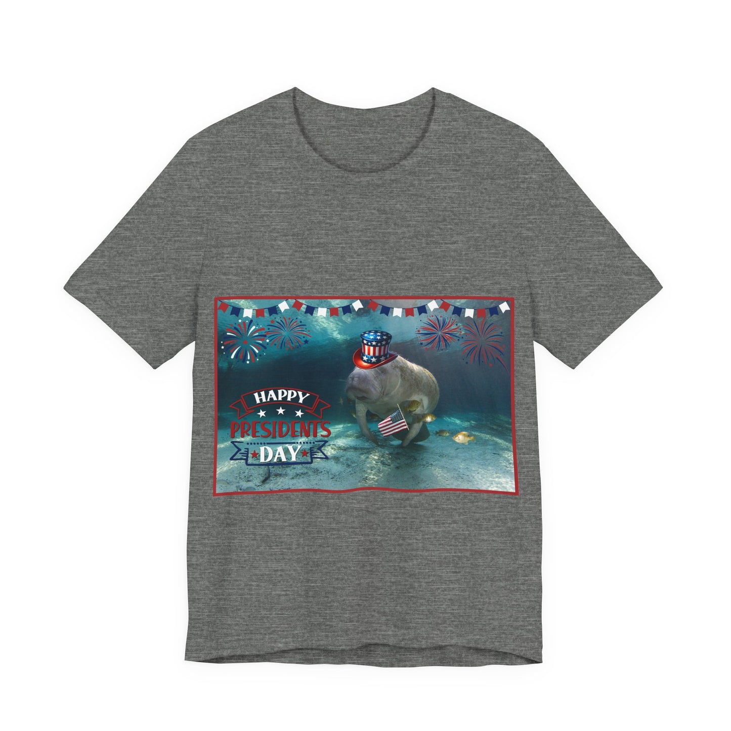 Happy Presidents' Day Manatee Tee, grey t-shirt