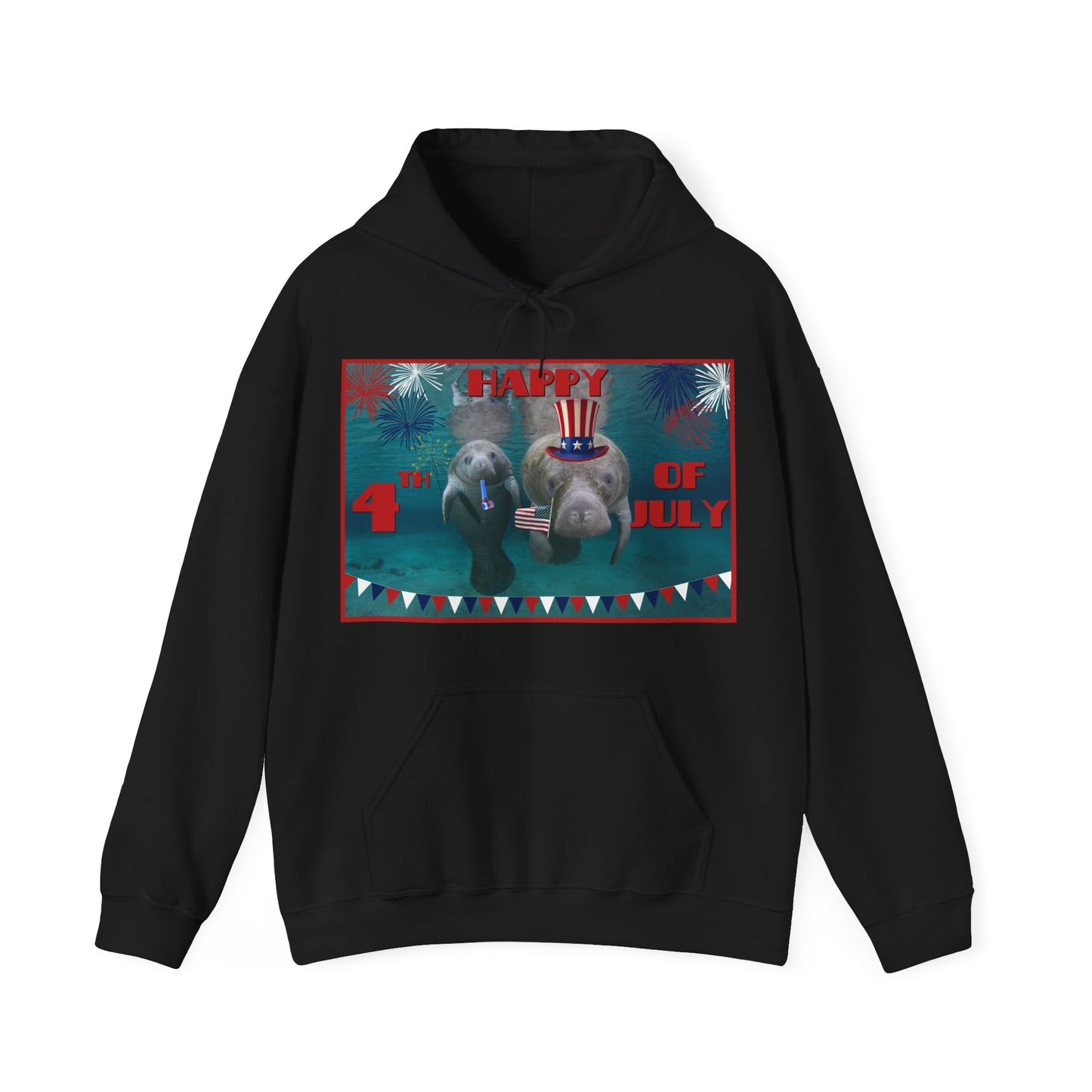Happy 4th of July Manatee Hoodie, black hoodie front