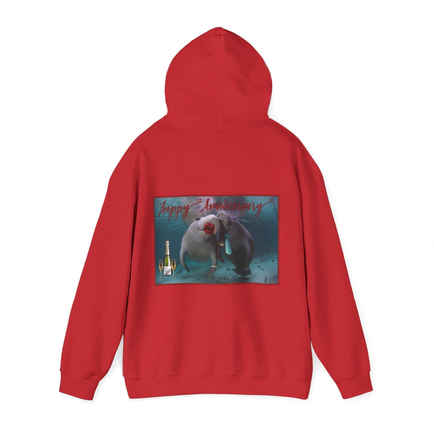 Happy Anniversary Manatee Hoodie, red hoodie back
