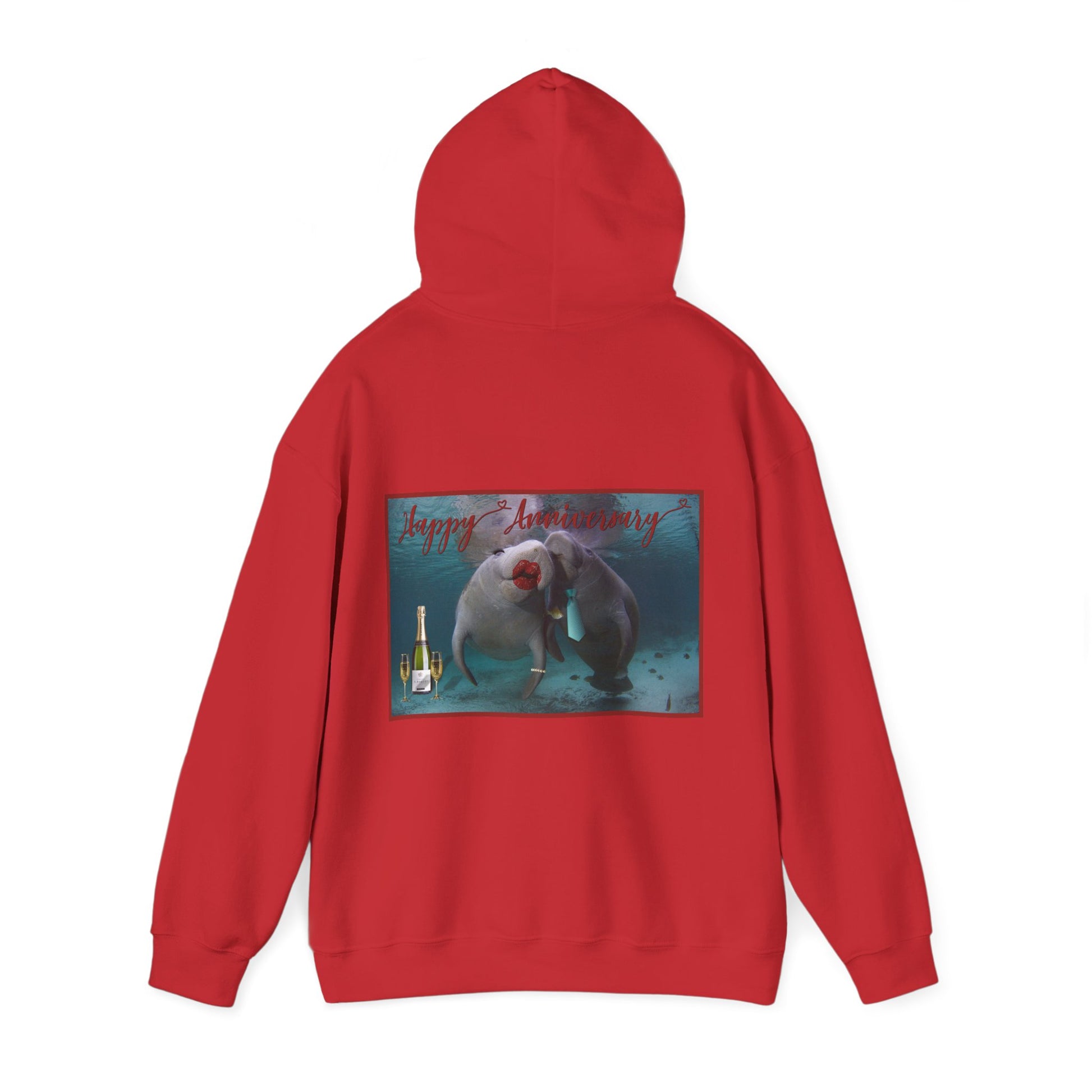 Happy Anniversary Manatee Hoodie, red hoodie back