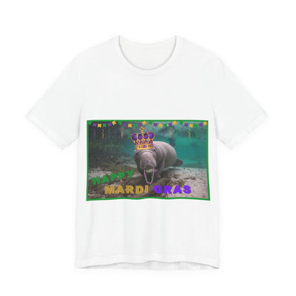 Happy Mardi Gras Manatee Tee, white t-shirt