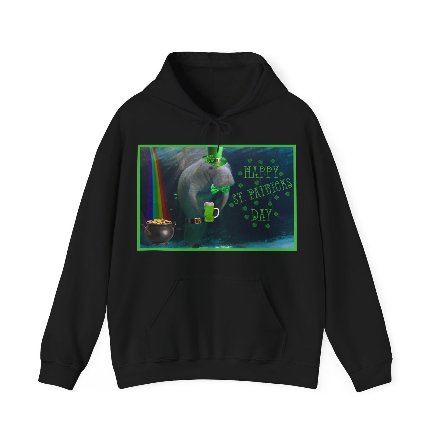 Happy St. Patrick's Day Manatee Hoodie, black hoodie front