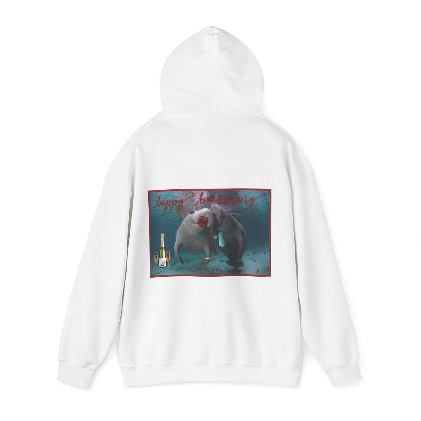 Happy Anniversary Manatee Hoodie, white hoodie back
