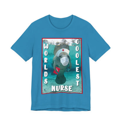 World's Coolest Nurse Manatee Tee, blue t-shirt