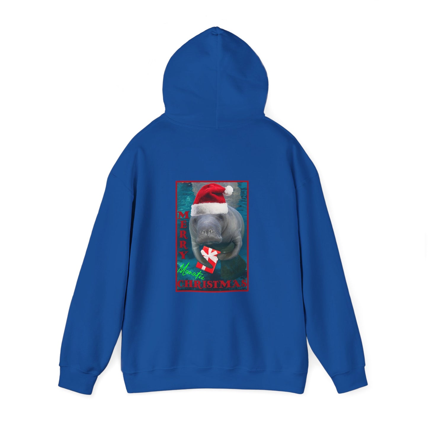 Merry Christmas Manatee Hoodie, blue hoodie back