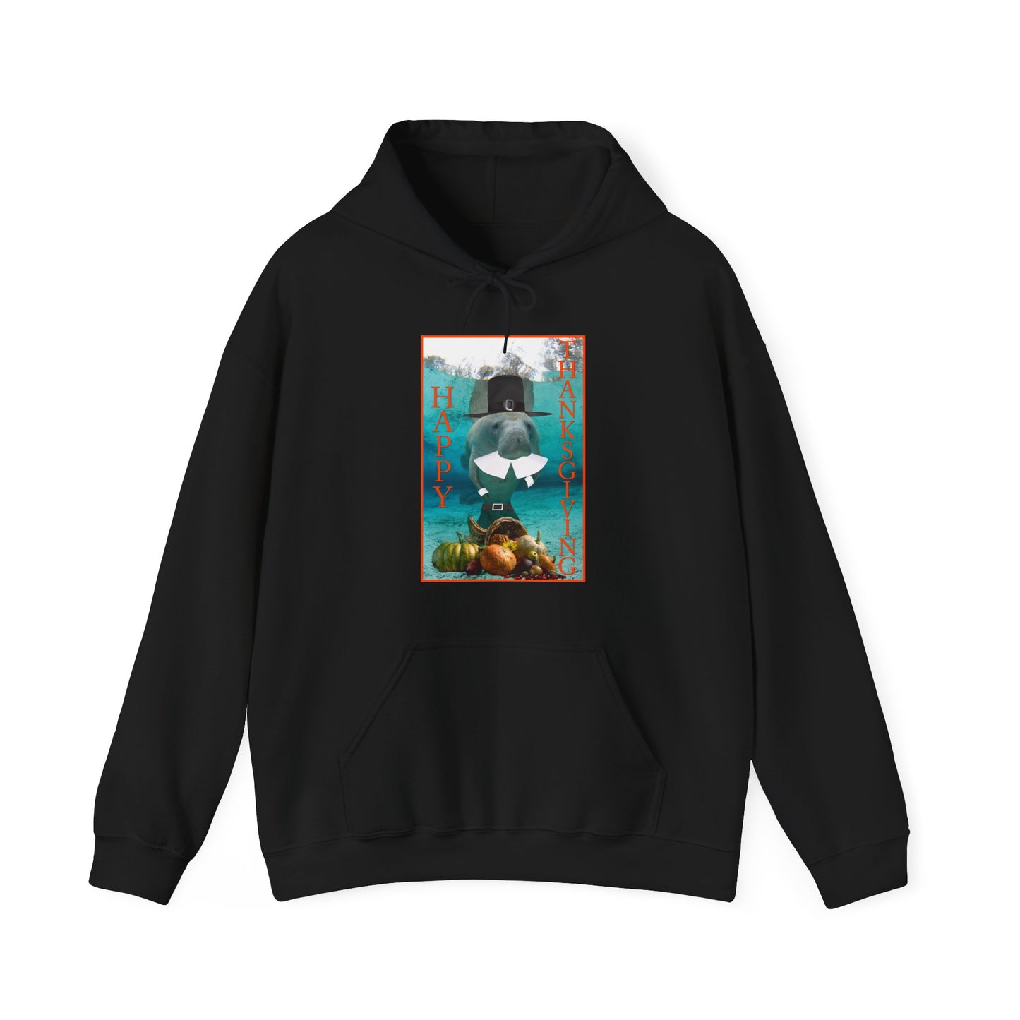 Happy Thanksgiving Manatee Hoodie, black hoodie front