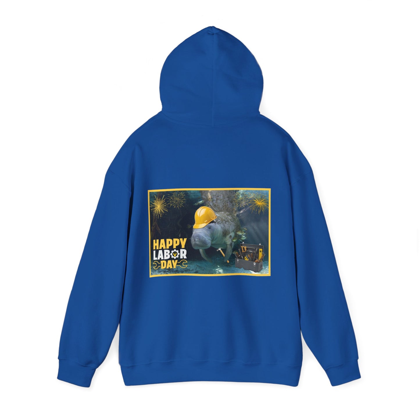 Happy Labor Day Manatee Hoodie, blue hoodie back
