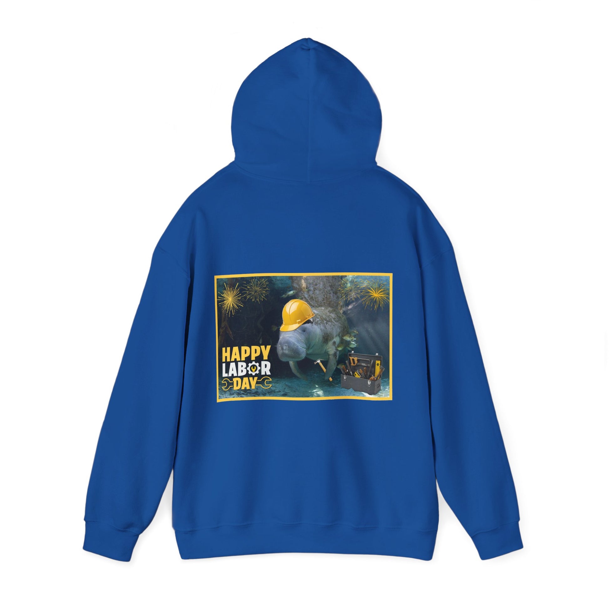 Happy Labor Day Manatee Hoodie, blue hoodie back