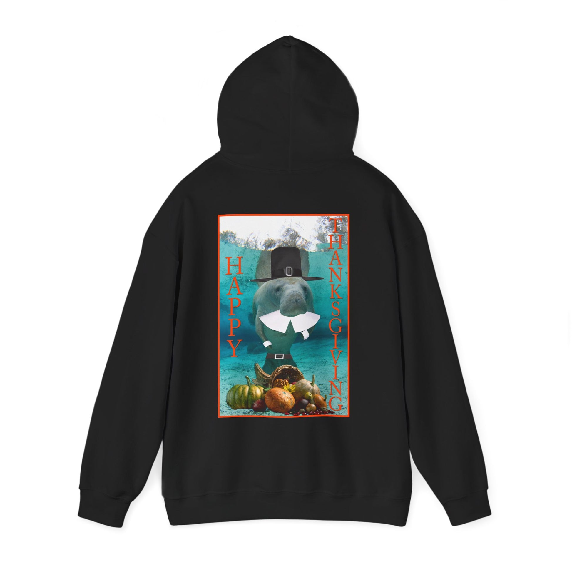 Happy Thanksgiving Manatee Hoodie, black hoodie back