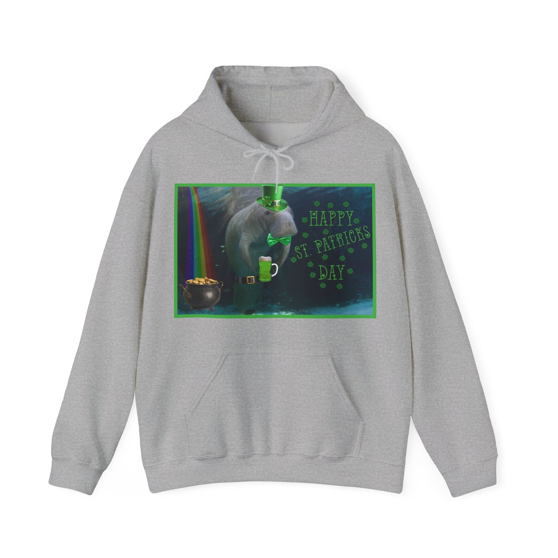 Happy St. Patrick's Day Manatee Hoodie, grey hoodie front