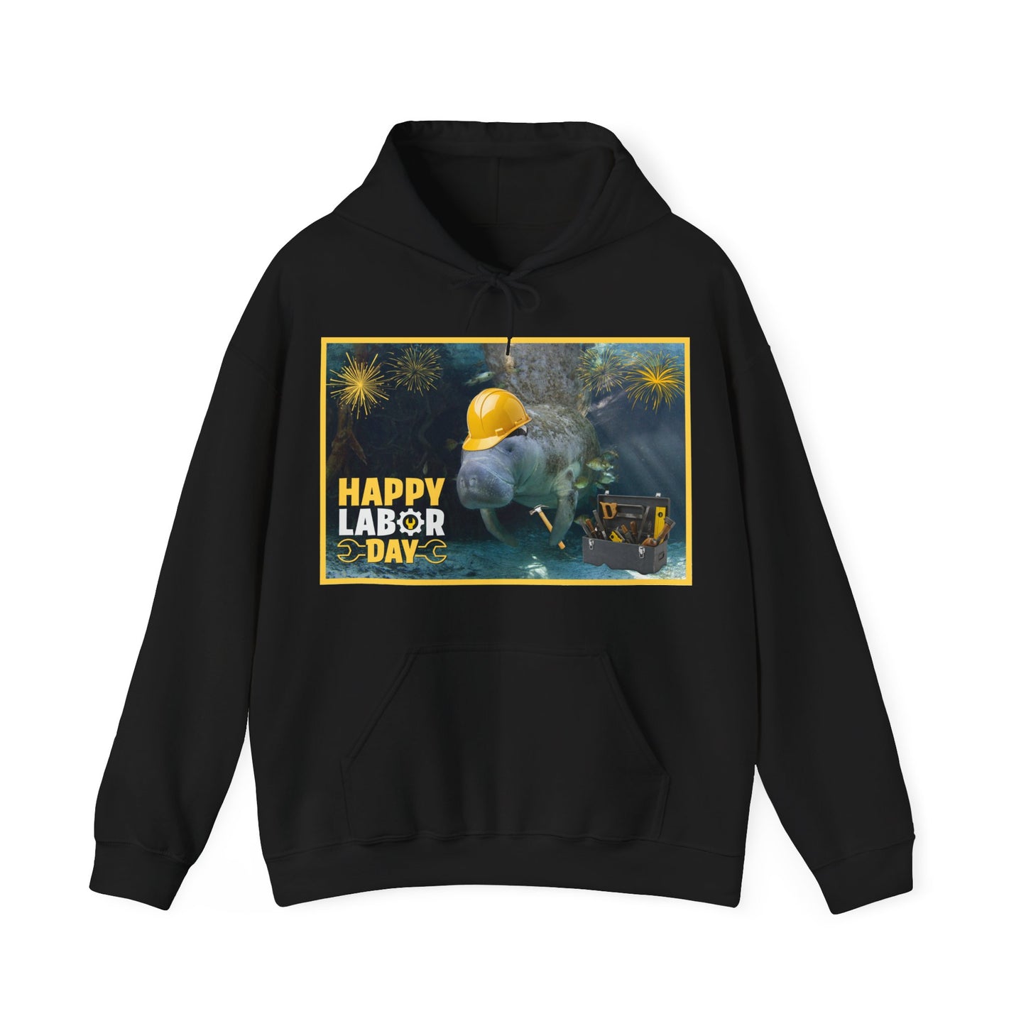 Happy Labor Day Manatee Hoodie, black hoodie front