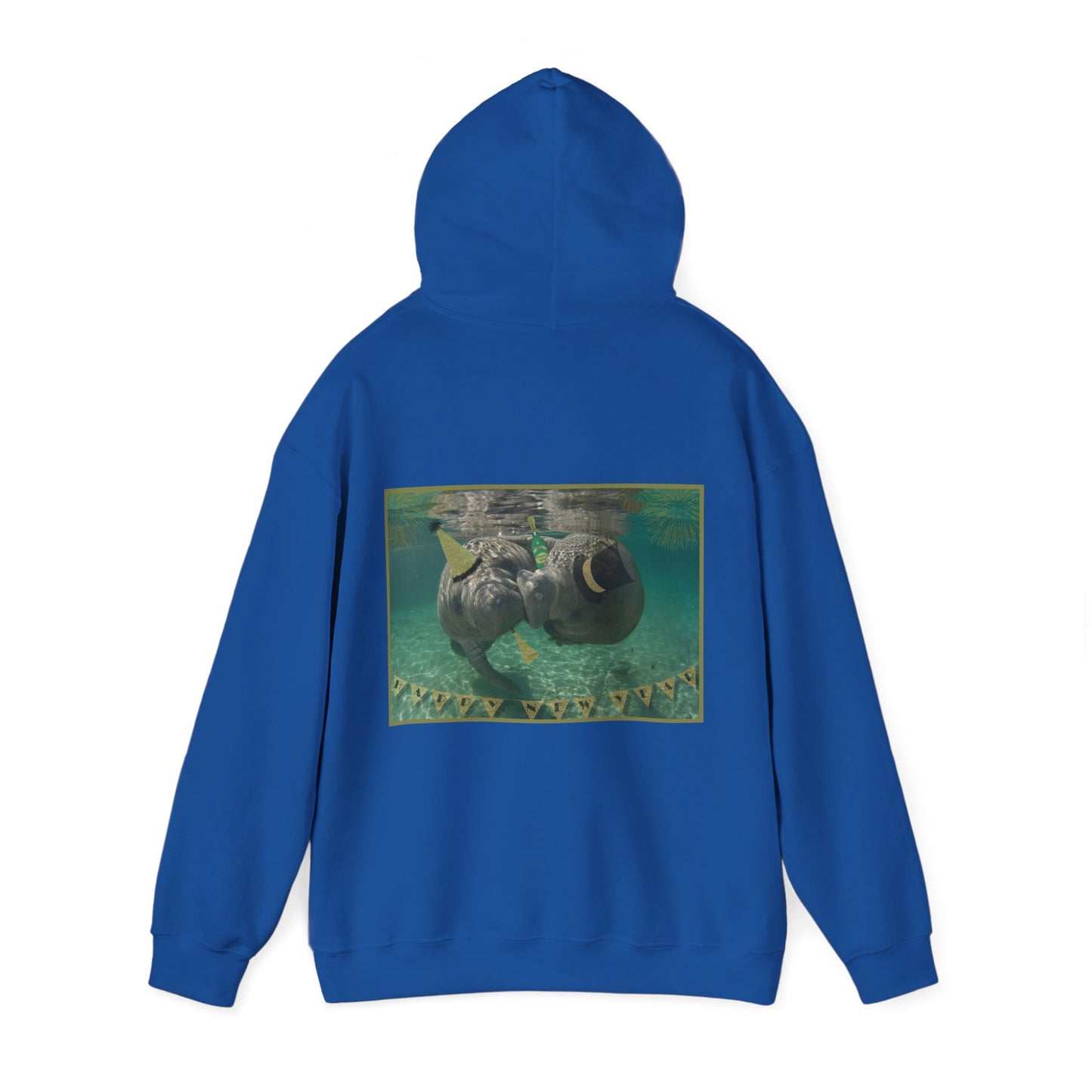 Happy New Years Manatee Hoodie, blue hoodie back