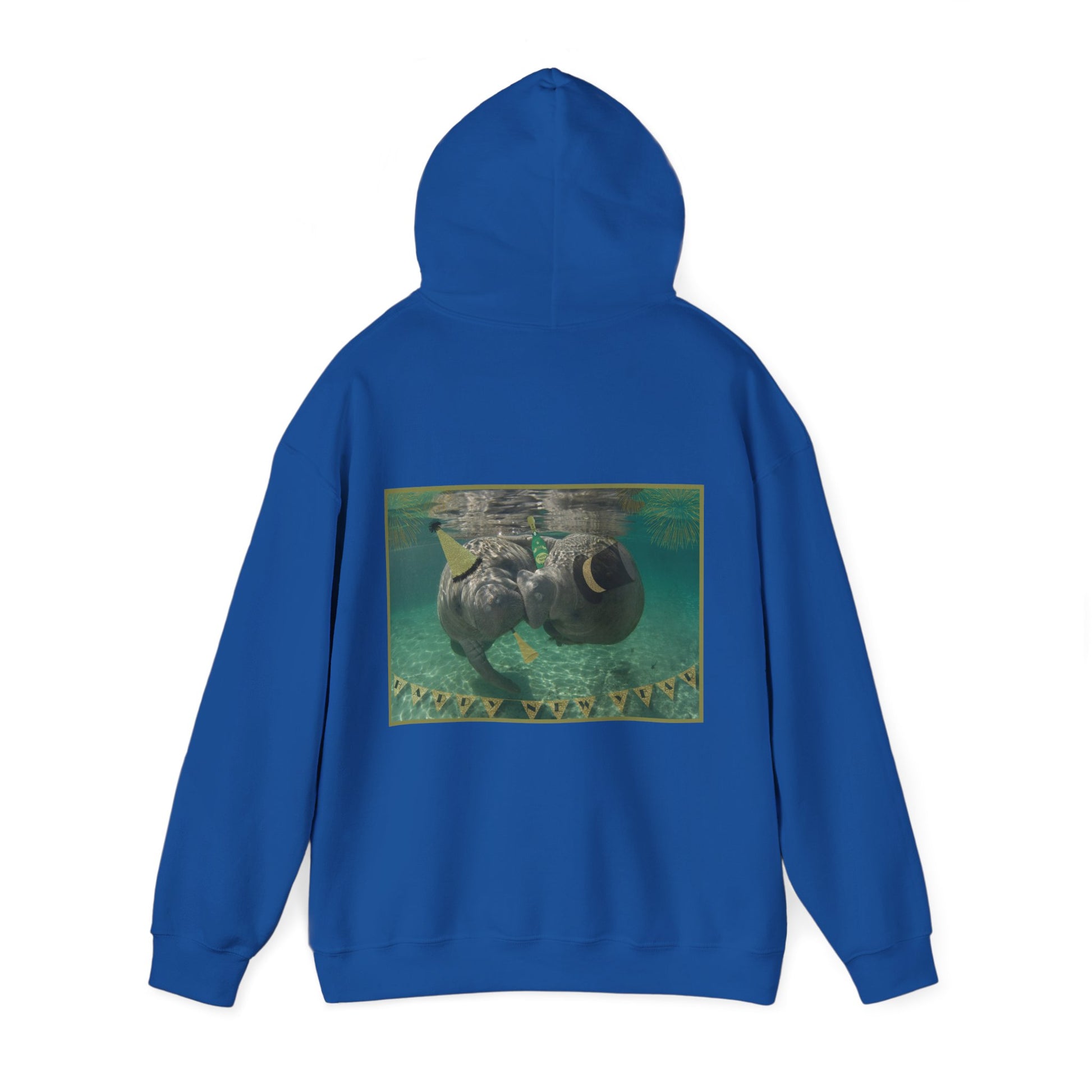 Happy New Years Manatee Hoodie, blue hoodie back