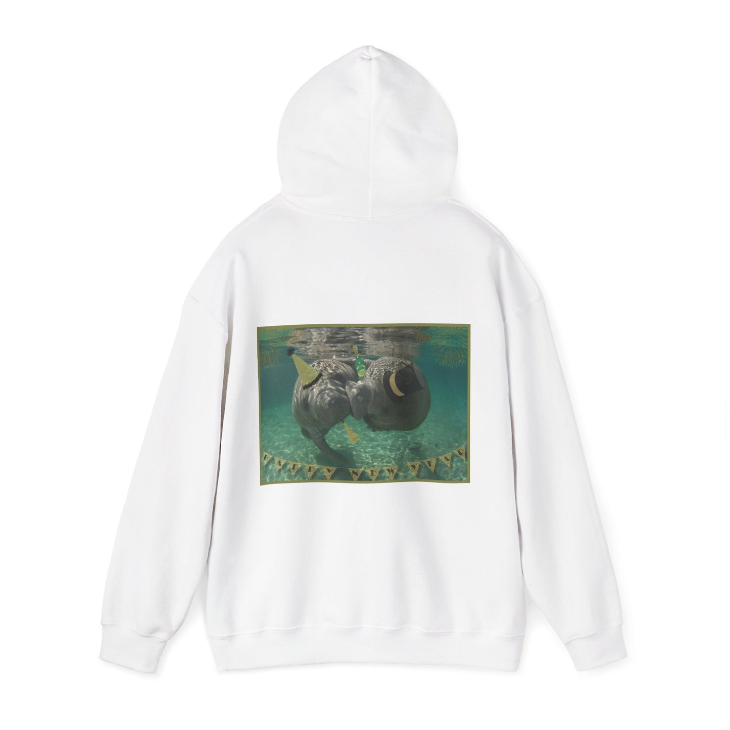 Happy New Years Manatee Hoodie, white hoodie back