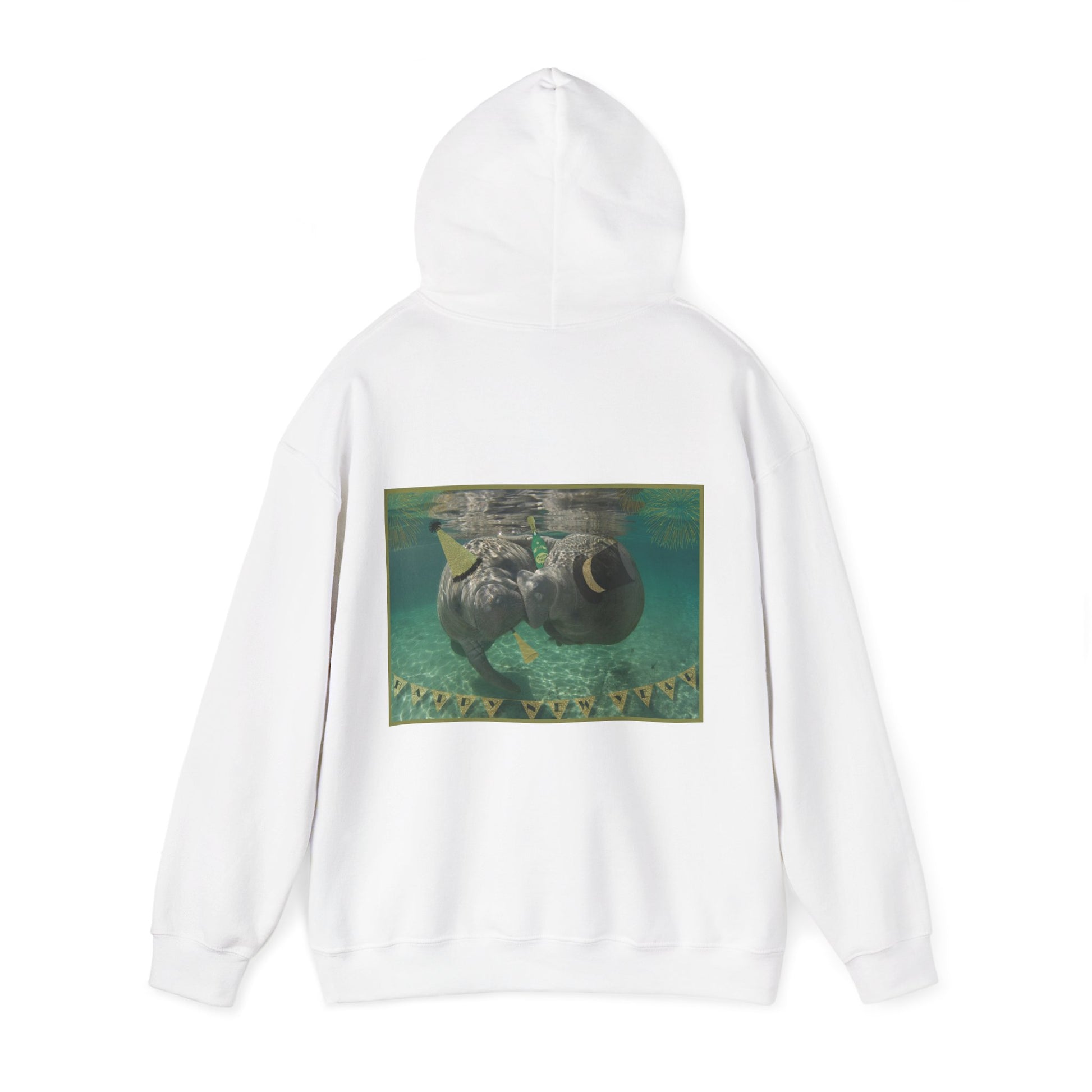 Happy New Years Manatee Hoodie, white hoodie back
