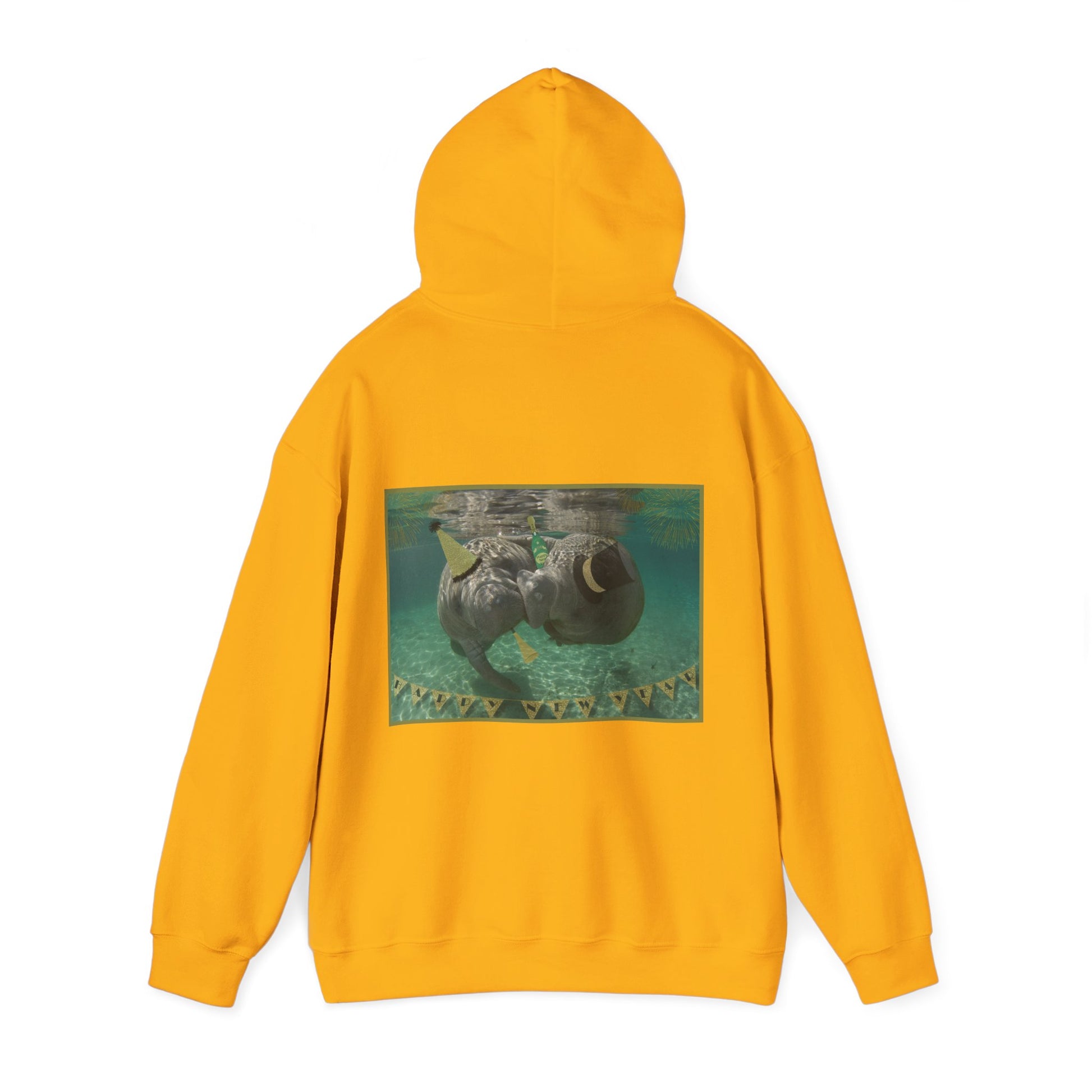 Happy New Years Manatee Hoodie, yellow hoodie back
