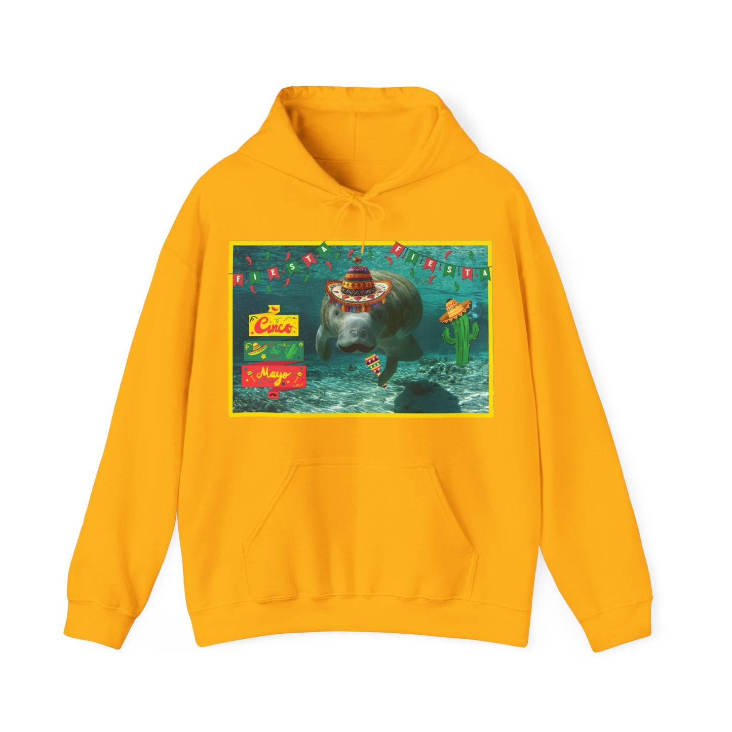 Happy Cinco de Mayo Manatee Hoodie, yellow hoodie front
