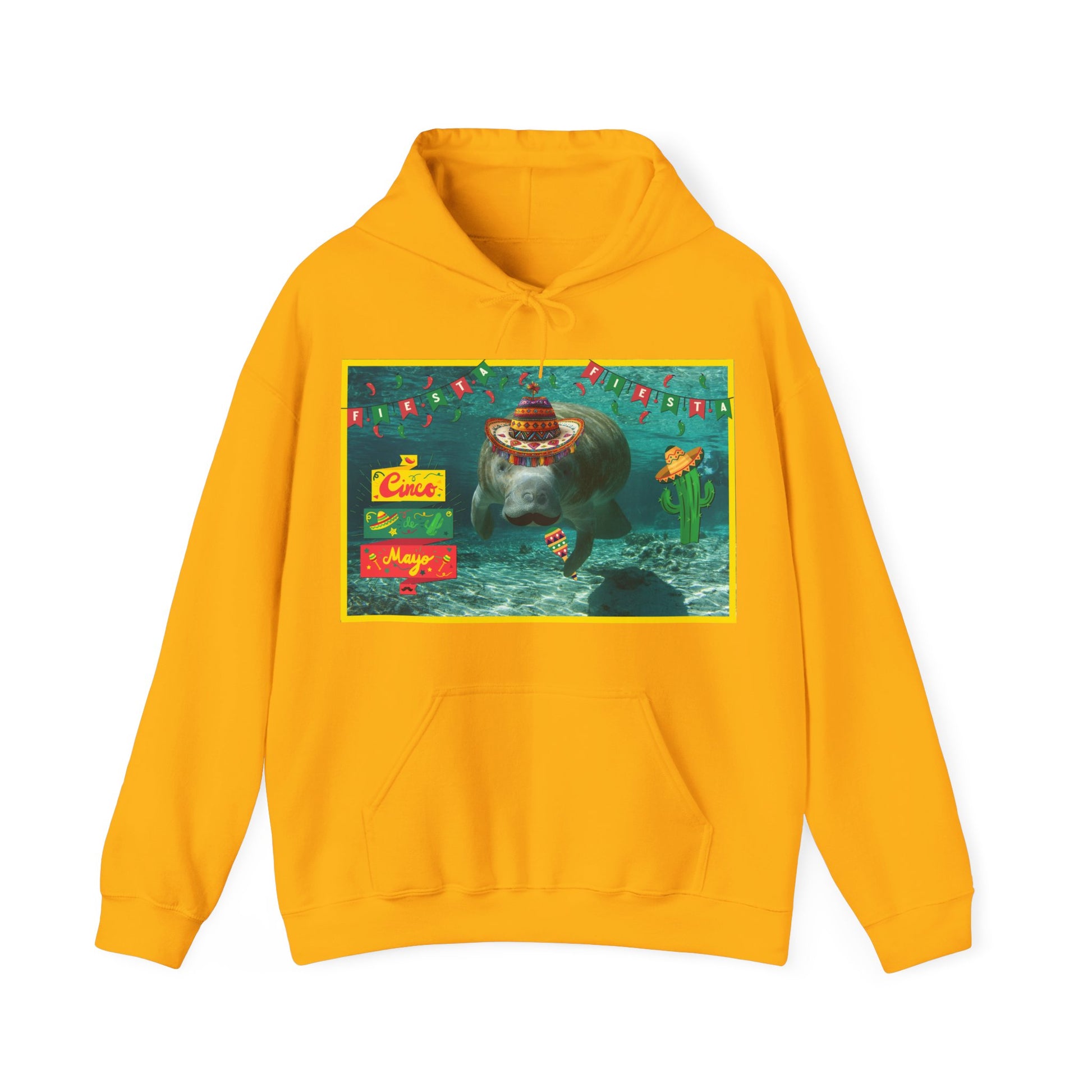 Happy Cinco de Mayo Manatee Hoodie, yellow hoodie front