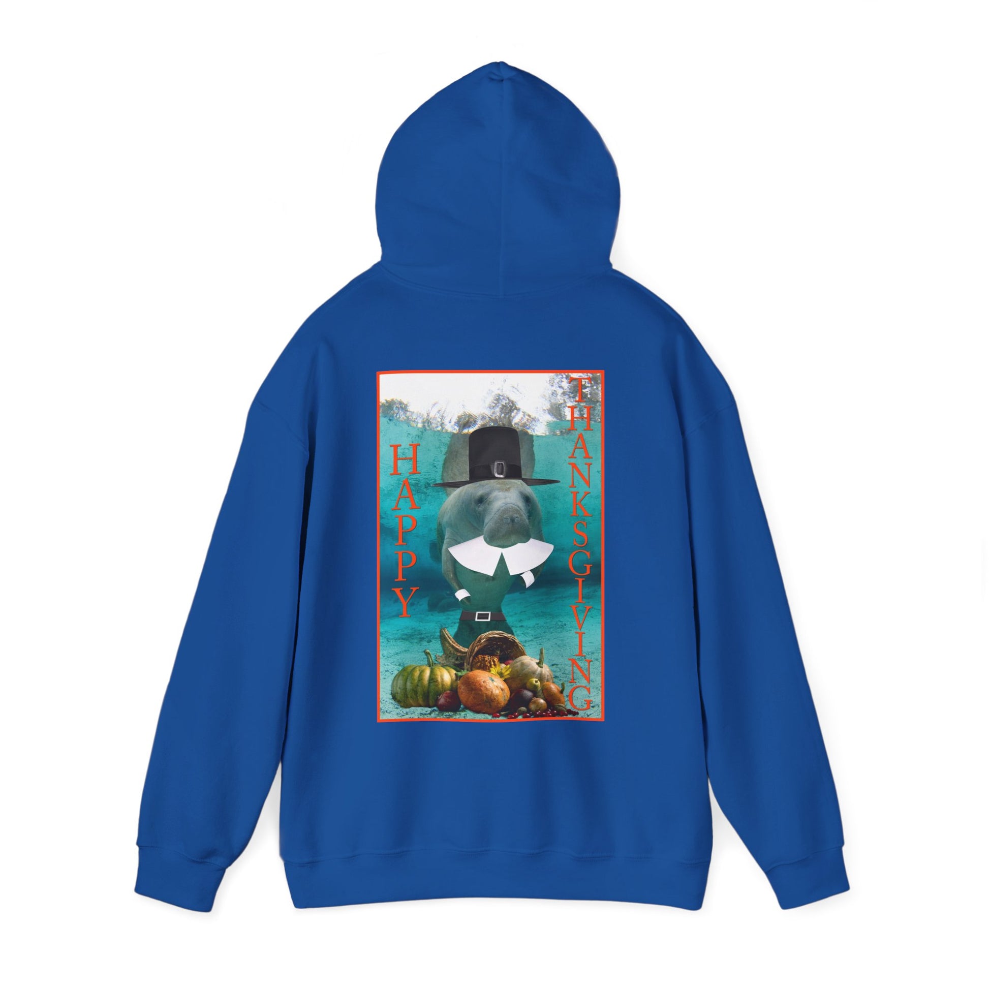 Happy Thanksgiving Manatee Hoodie, blue hoodie back