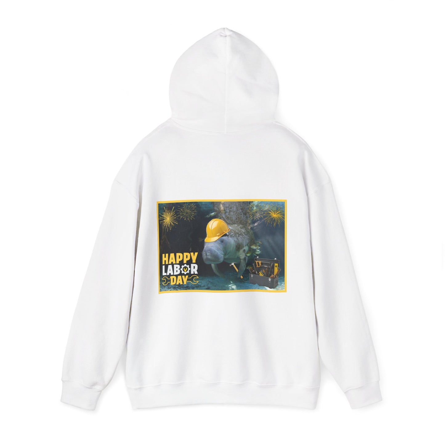 Happy Labor Day Manatee Hoodie, white hoodie back