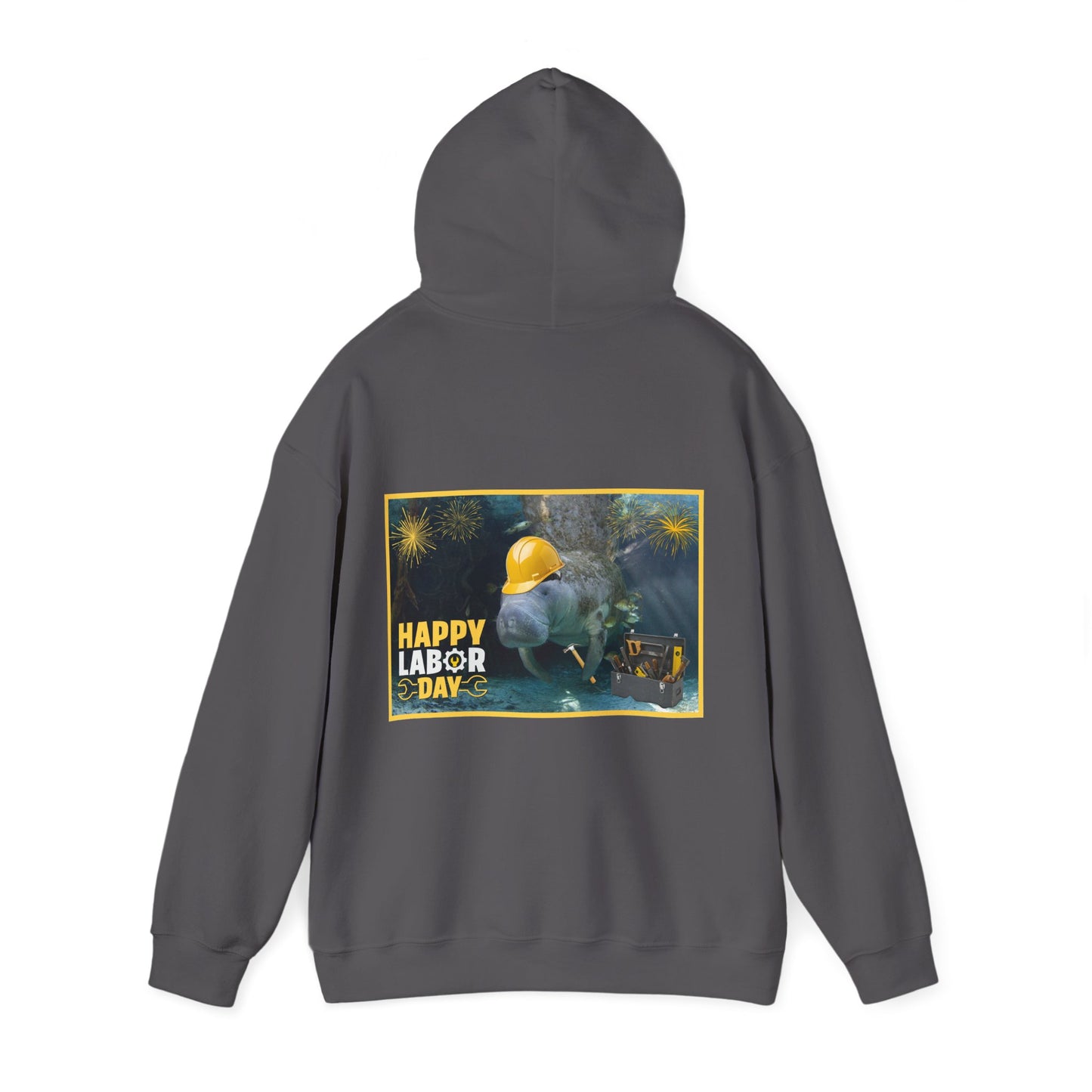 Happy Labor Day Manatee Hoodie, grey hoodie back
