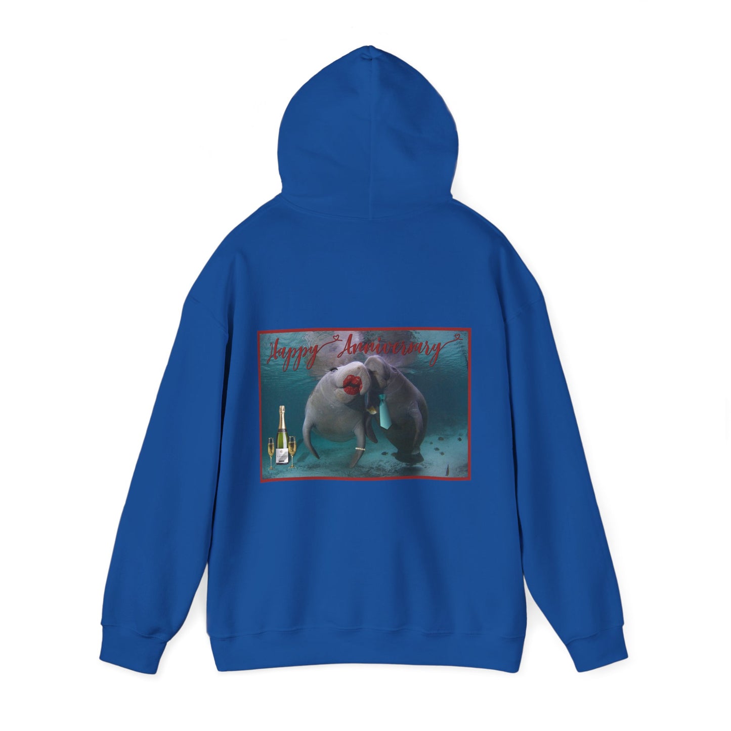 Happy Anniversary Manatee Hoodie, blue hoodie back