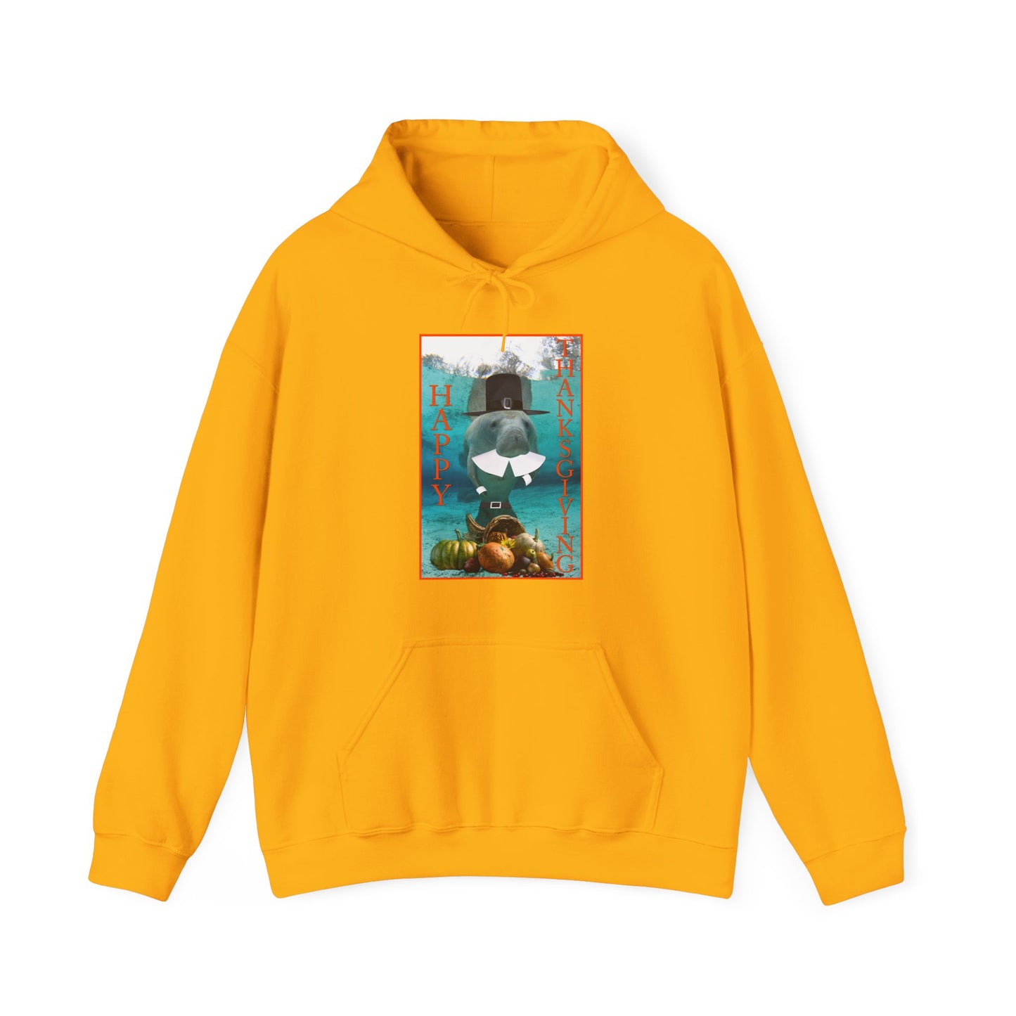 Happy Thanksgiving Manatee Hoodie, yellow hoodie front