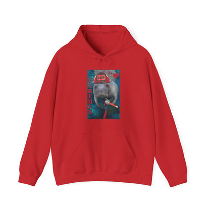 Fireman Manatee Hoodie, red hoodie front