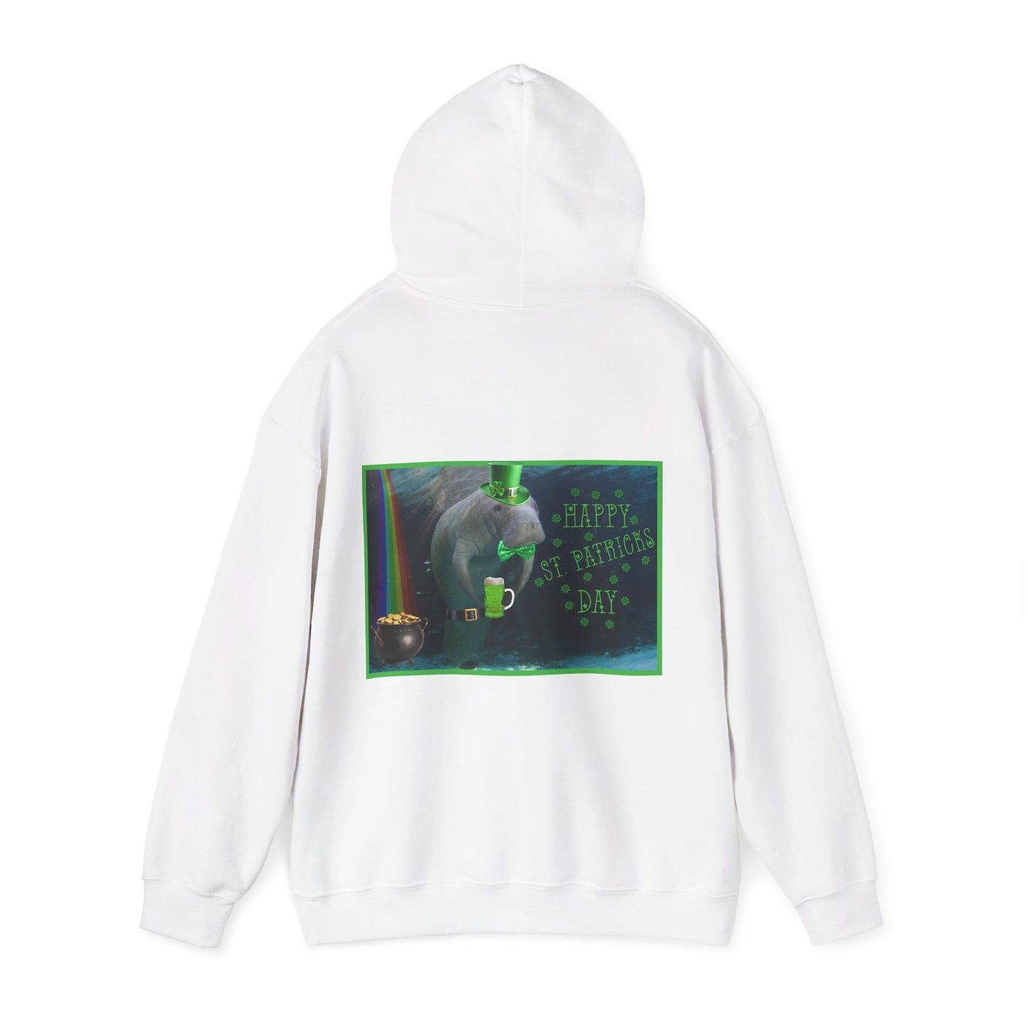 Happy St. Patrick's Day Manatee Hoodie, white hoodie back