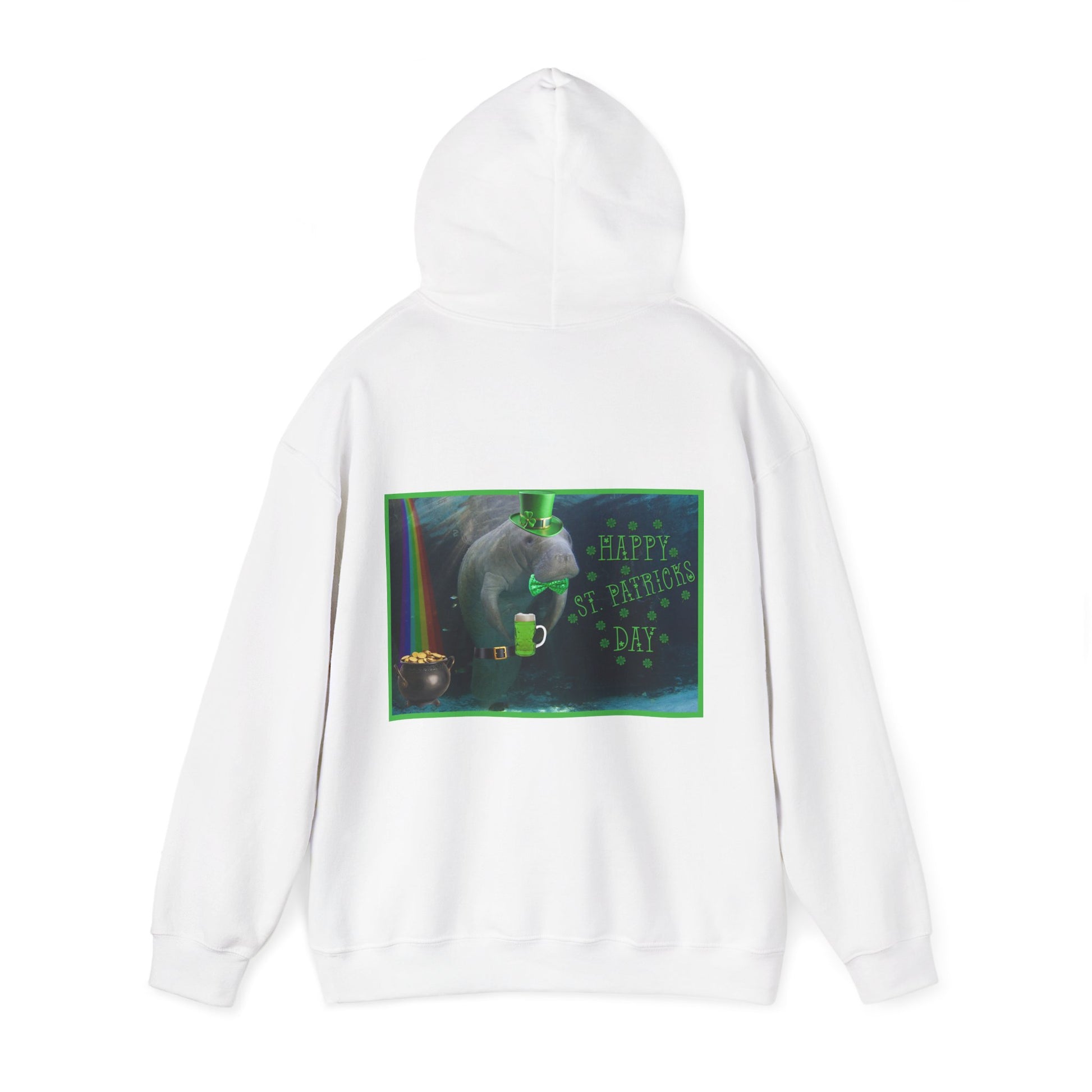 Happy St. Patrick's Day Manatee Hoodie, white hoodie back