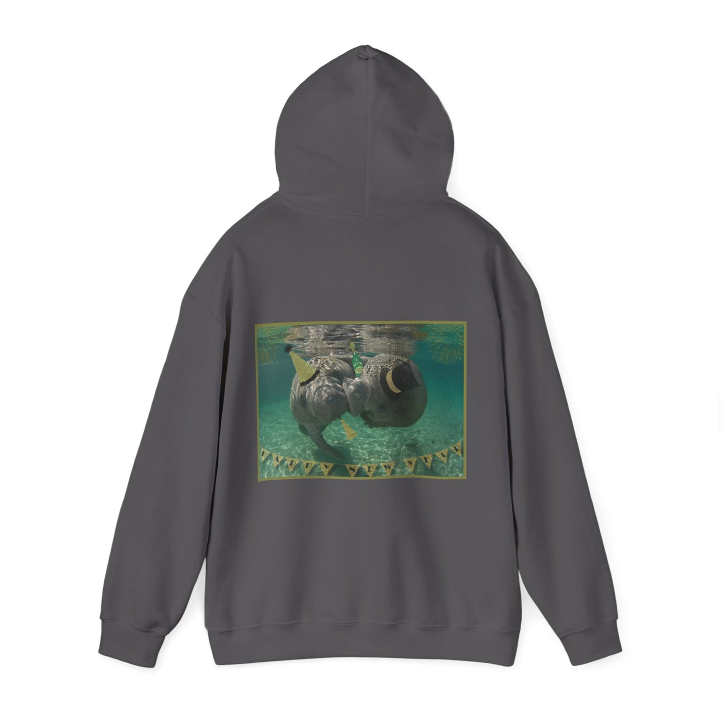 Happy New Years Manatee Hoodie, dark grey hoodie back