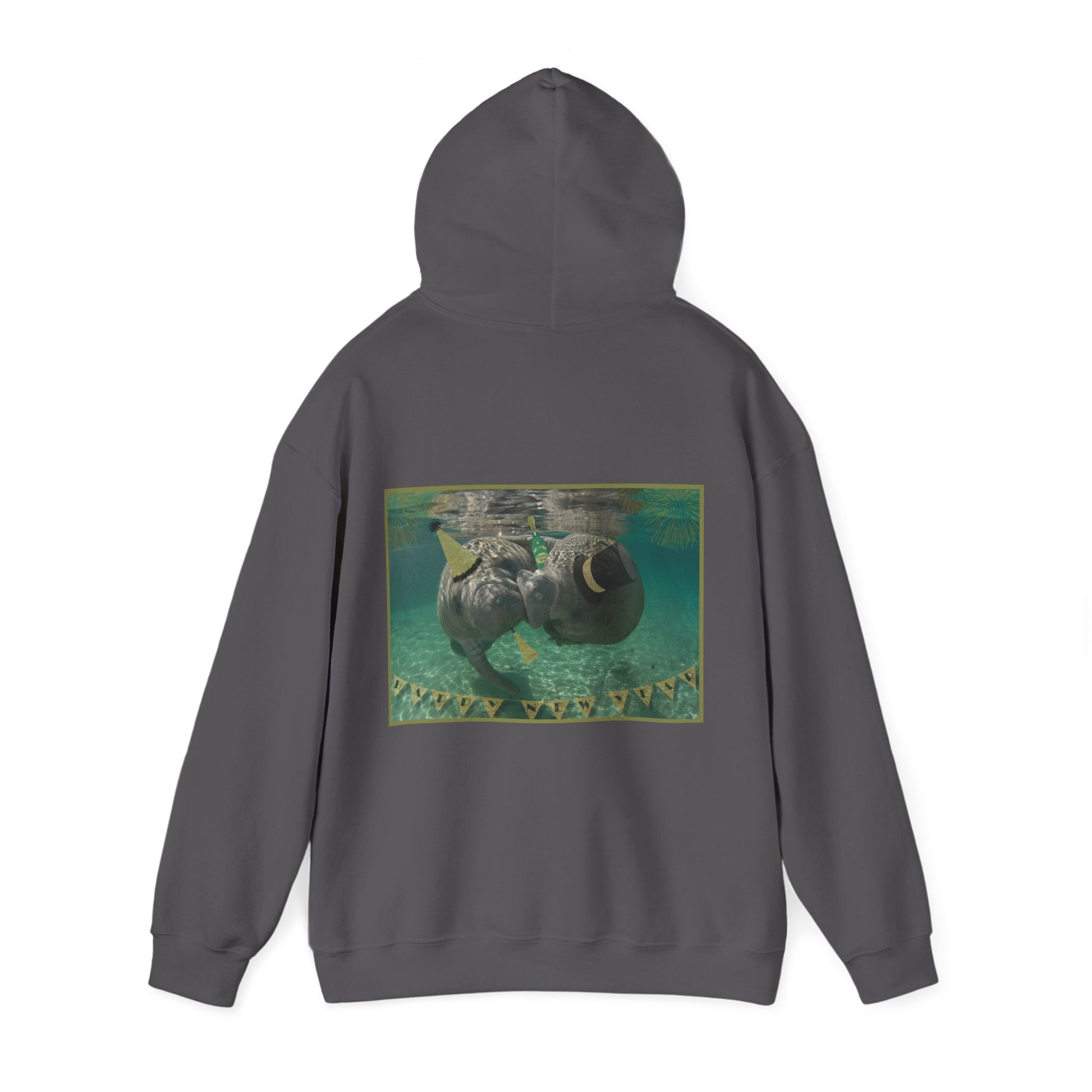 Happy New Years Manatee Hoodie, dark grey hoodie back