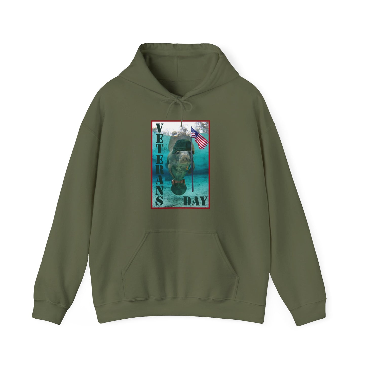 Veterans Day Manatee Hoodie, army green hoodie front