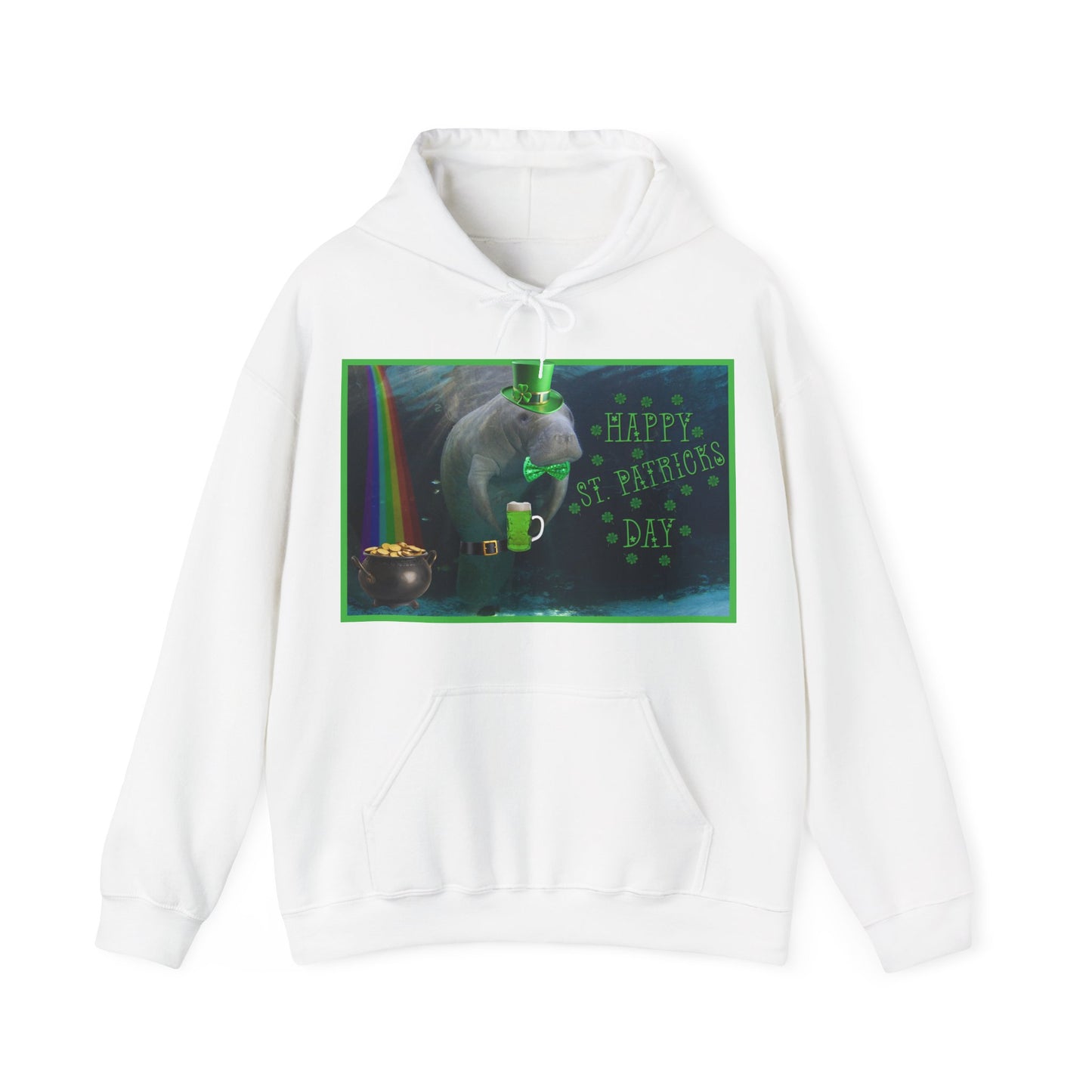 Happy St. Patrick's Day Manatee Hoodie, white hoodie front 