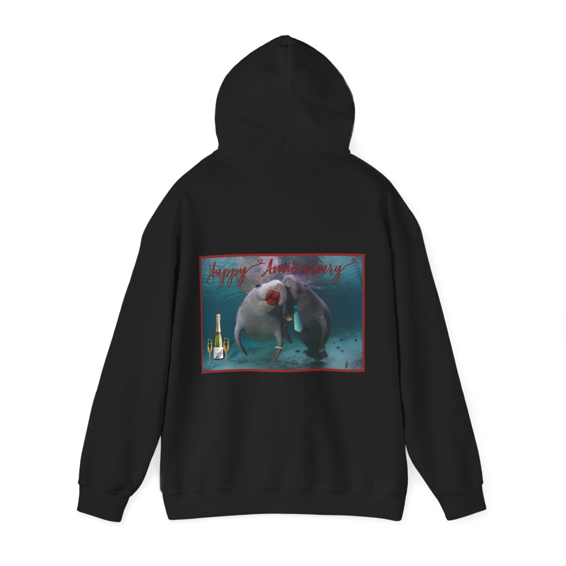 Happy Anniversary Manatee Hoodie, black hoodie back