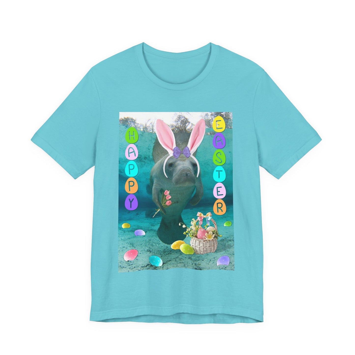 Happy Easter Manatee Tee, light blue t-shirt