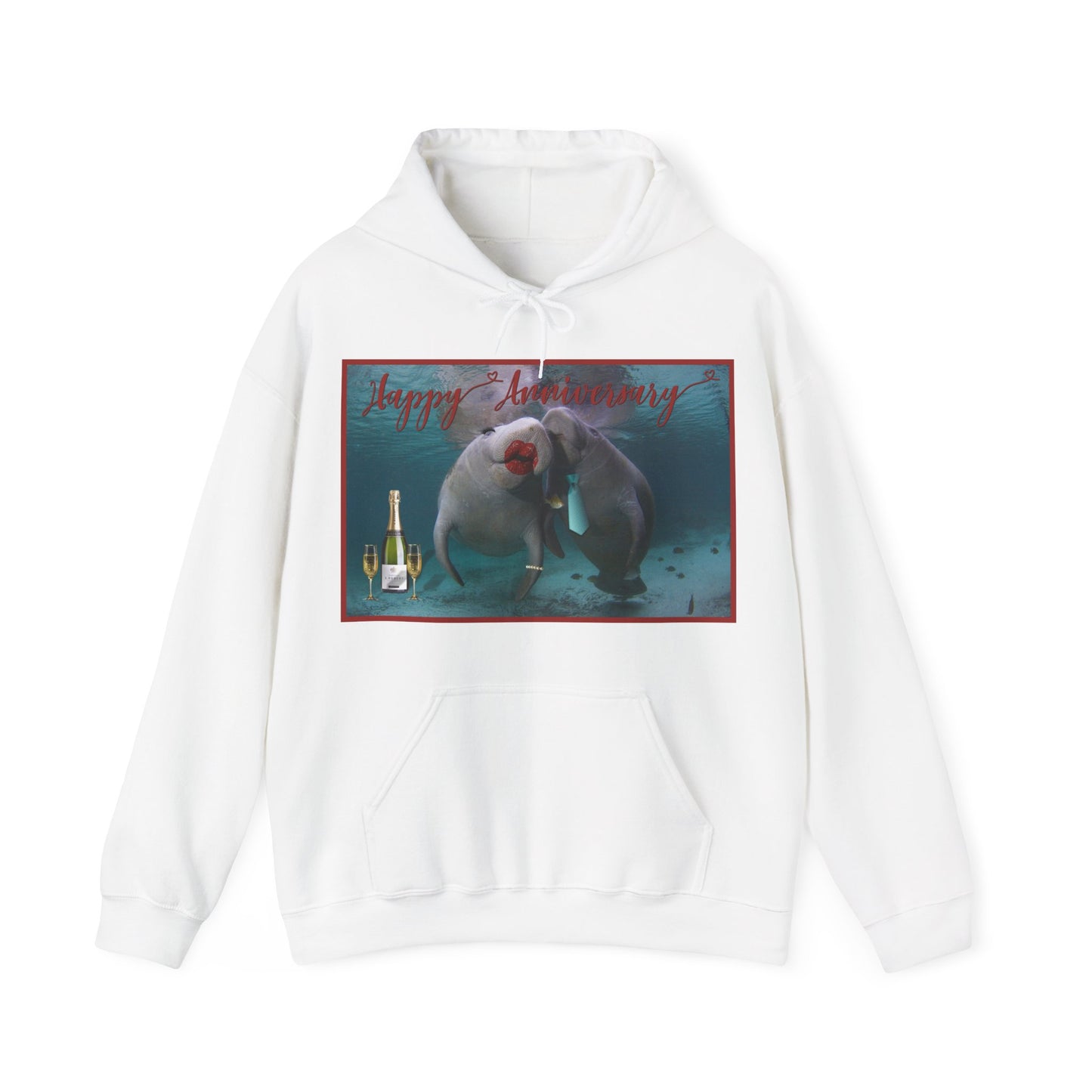 Happy Anniversary Manatee Hoodie, white hoodie front