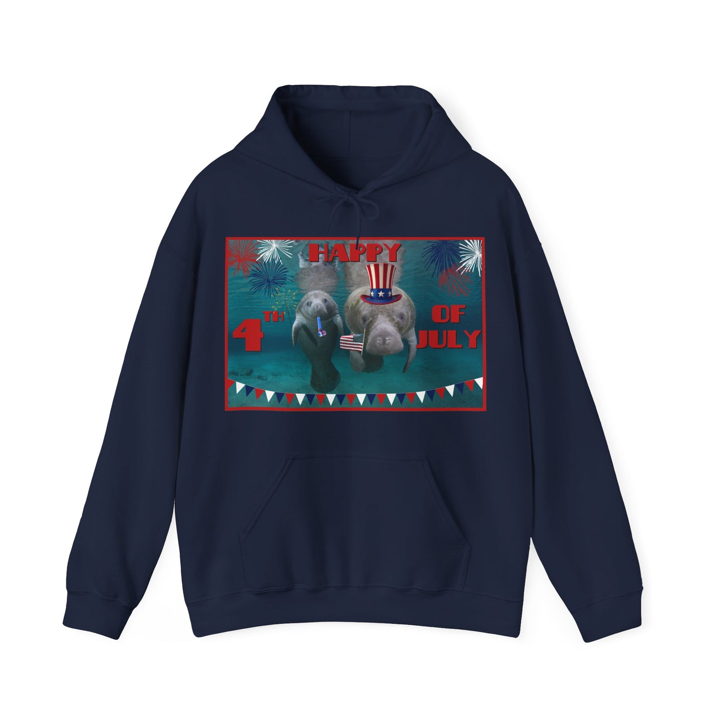 Happy 4th of July Manatee Hoodie, navy hoodie front