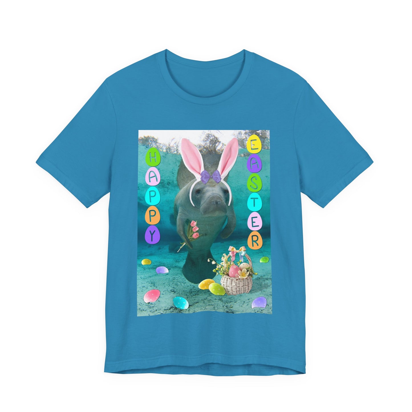 Happy Easter Manatee Tee, blue t-shirt